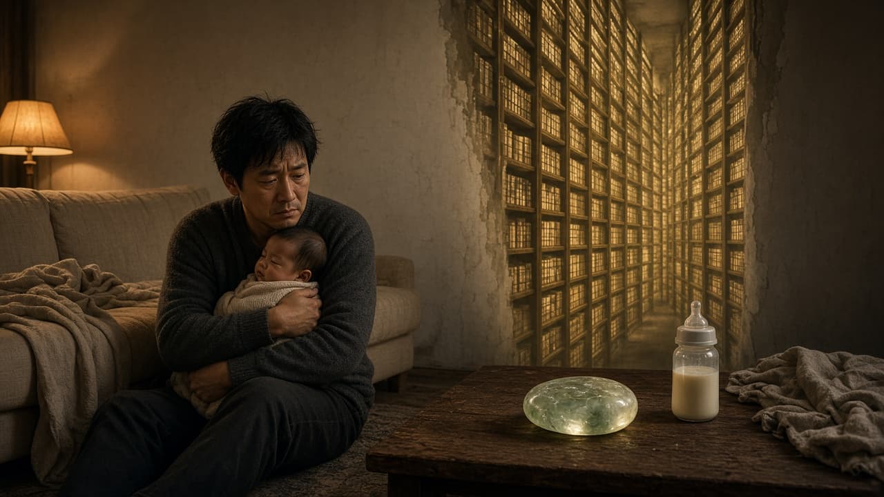 深夜公寓:父亲怀抱三个月婴儿,河磨玉微光,墙面渗出回廊
